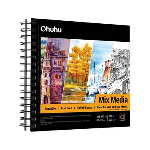 Ohuhu 22.5cm x 21cm 200 GSM Spiral Mixed Media Pad (62 Sheets)